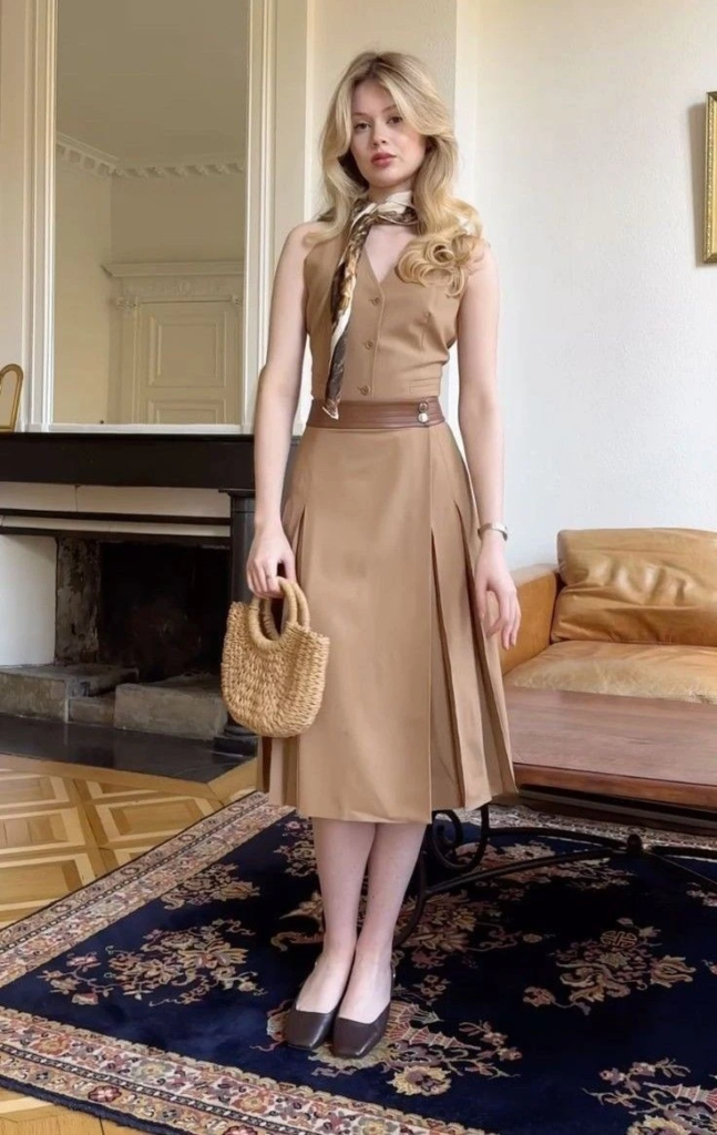 Classic Beige Vest Dress with Scarf