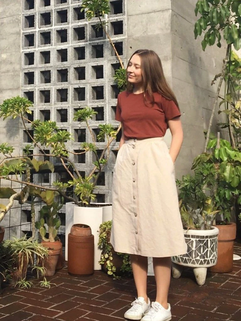 Rust Tee with Cream Button Skirt