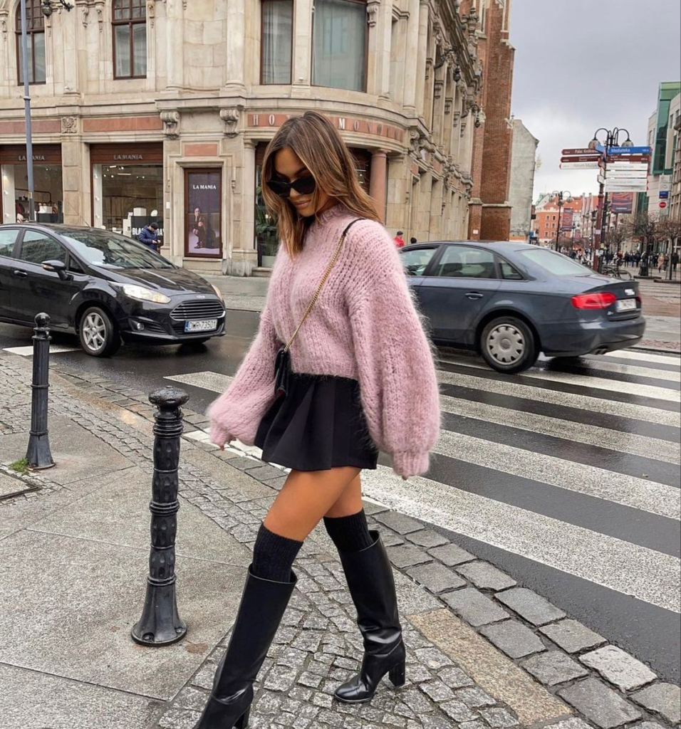 Pink Sweater with Black Skirt Boots