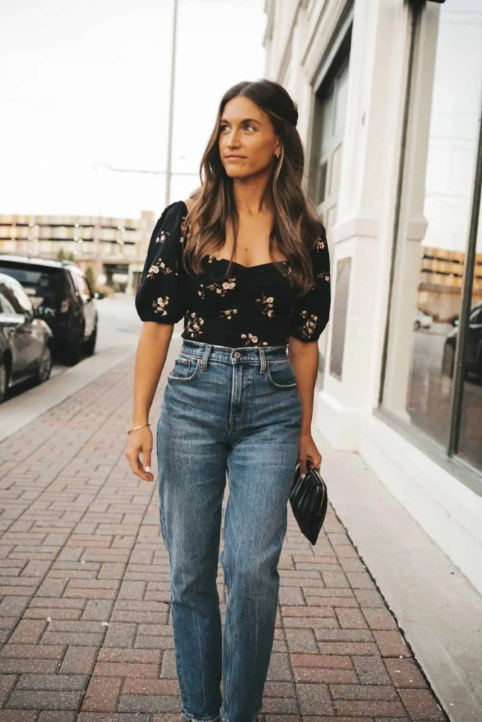 Floral Puff-Sleeve Top and Jeans