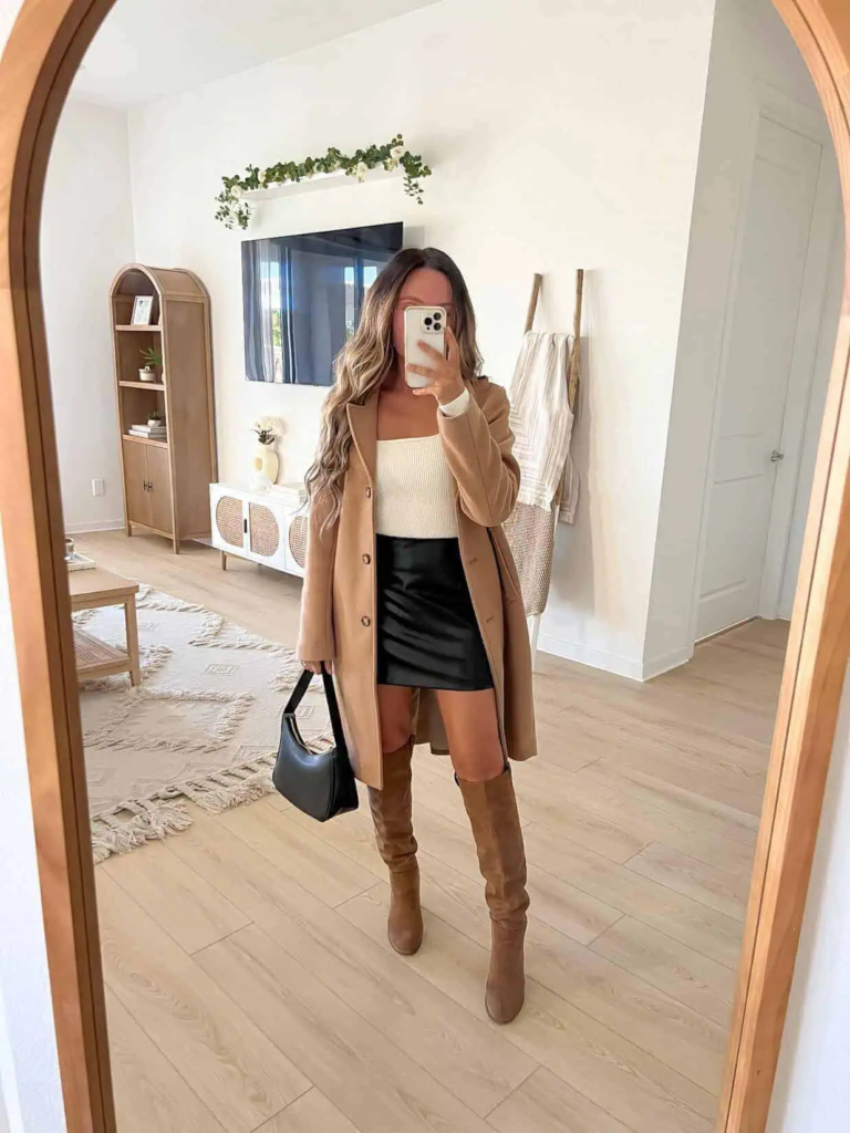 Camel Coat and Knee-High Boots