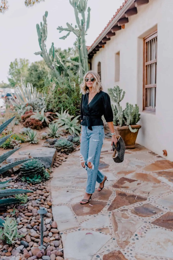 Chic Wrap Top and Distressed Denim