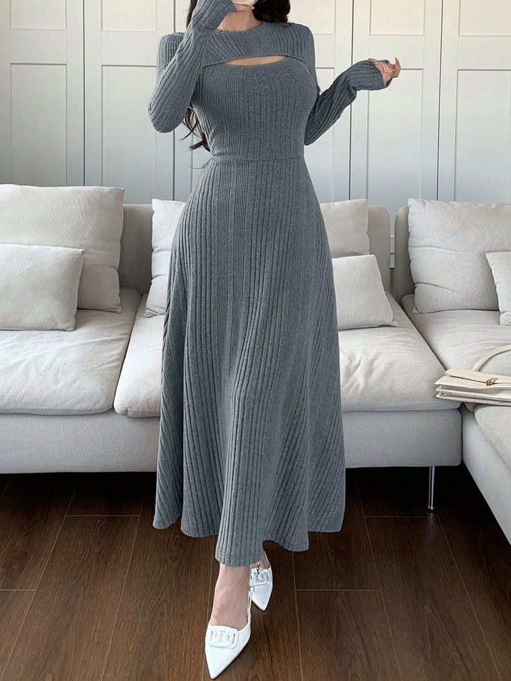 Sophisticated Gray Ribbed Cutout Dress