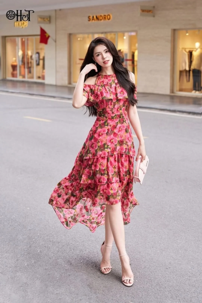 Vibrant Floral Midi Dress with Ruffles