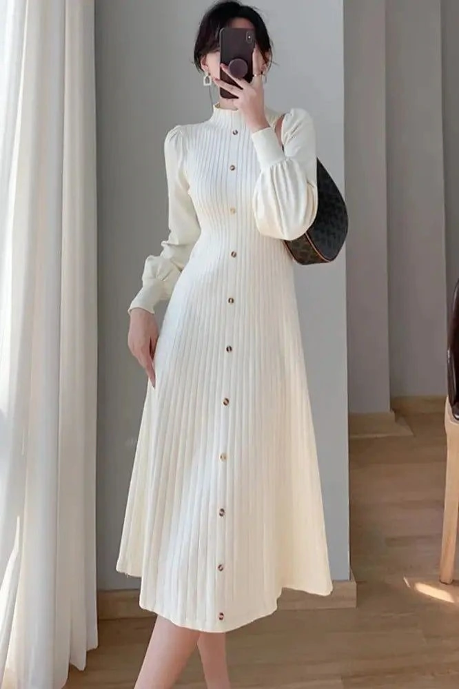 Elegant Cream Button-Front Midi Dress