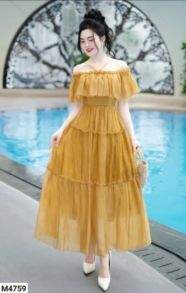 Golden Off-Shoulder Pleated Gown