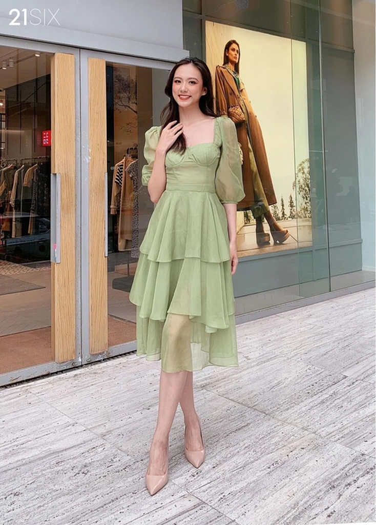 Elegant Sage Green Tiered Midi Dress