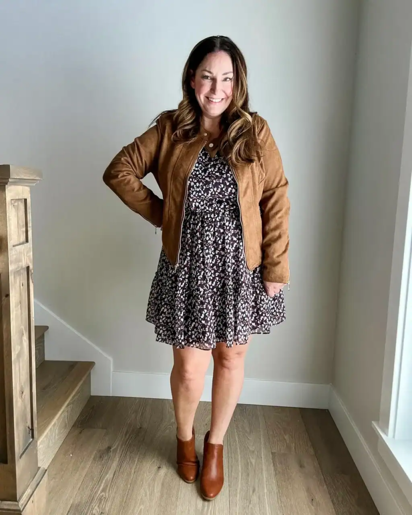 Floral Dress with Suede Jacket