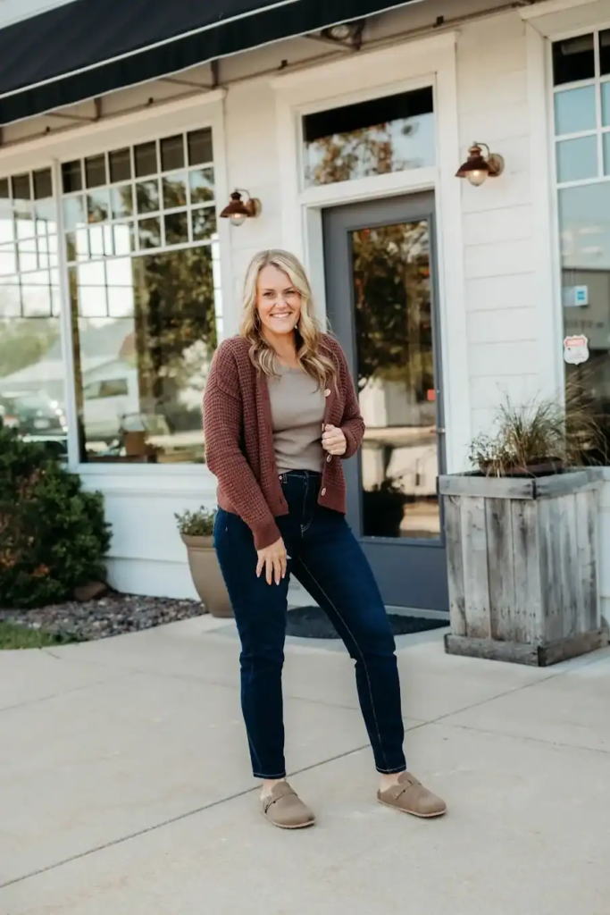 Rust Cardigan and Comfy Clogs Combo