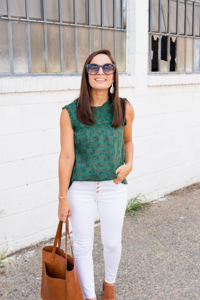 Floral Green Top with White Jeans