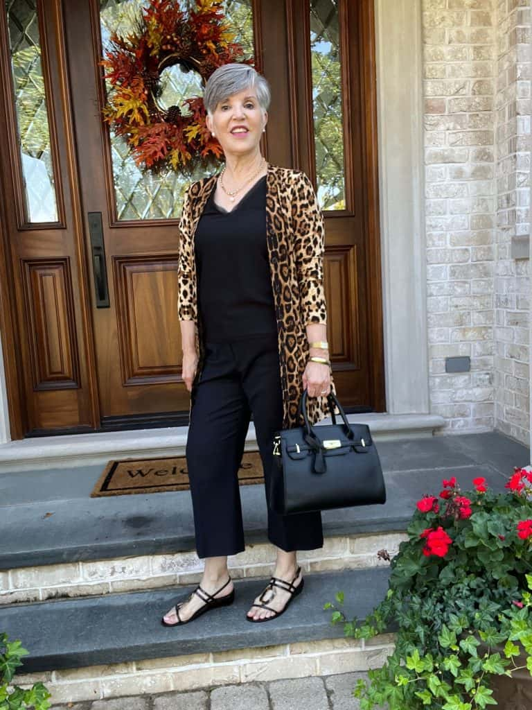 Leopard Cardigan Over All-Black Ensemble