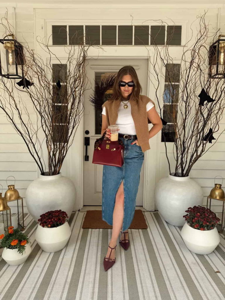 Chic Layers with Denim Maxi Skirt