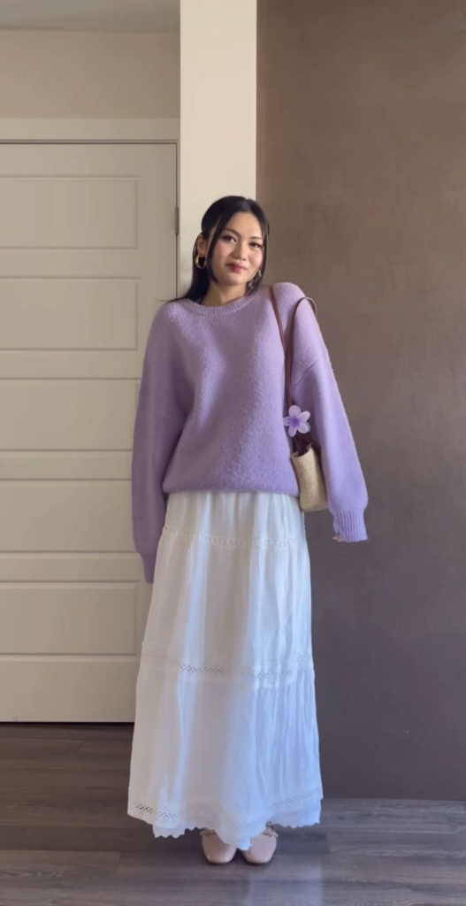 Lavender Sweater and White Maxi Skirt