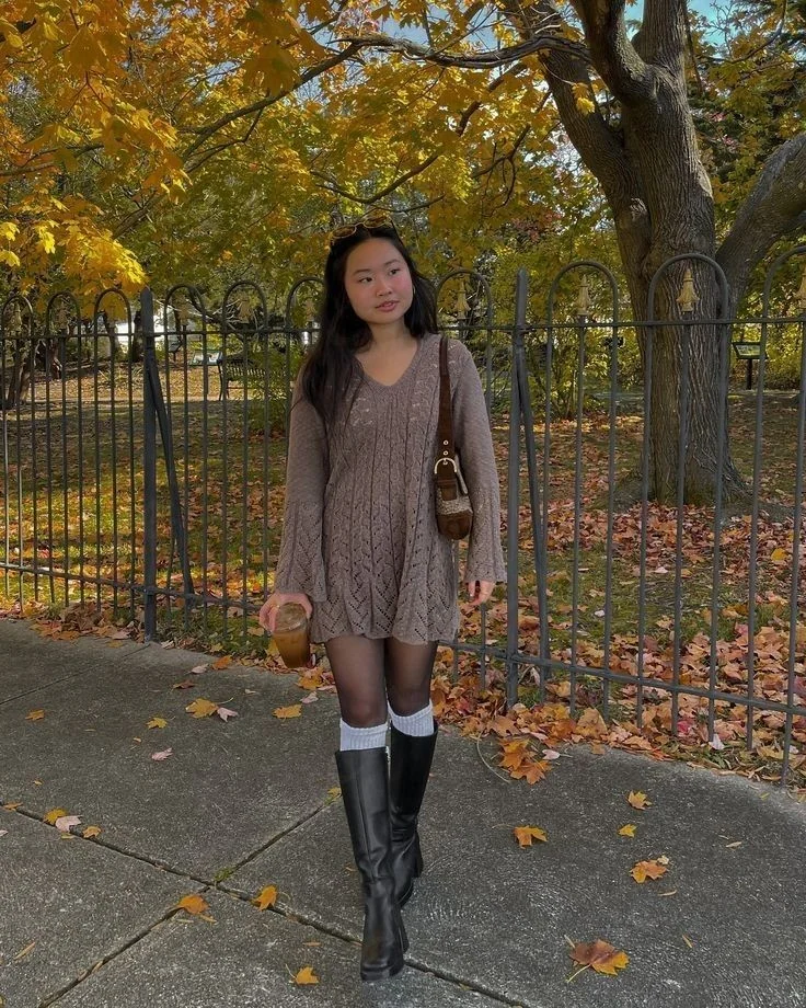 Cable Knit Sweater Dress with Boots