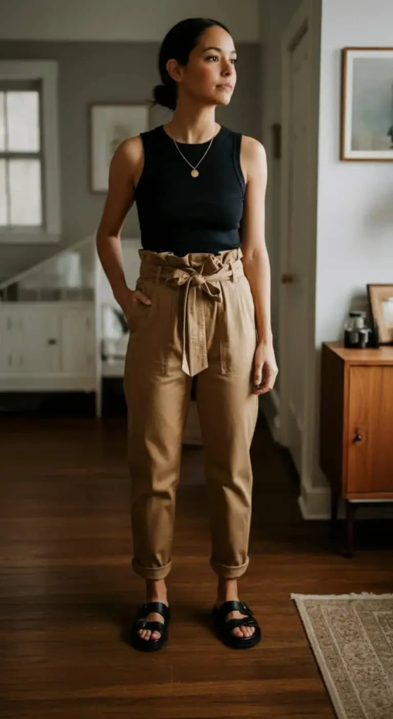 Paper Bag Waist Pants with Simple Tank