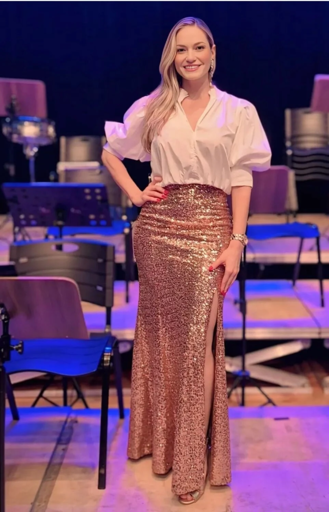 Elegant Sequin Skirt with Crisp White Shirt