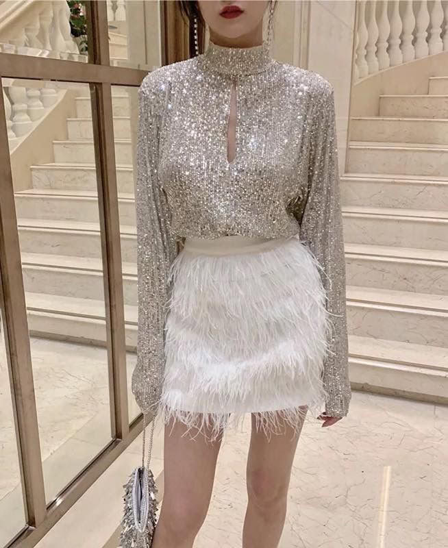 Sequin Top with Feathered Skirt