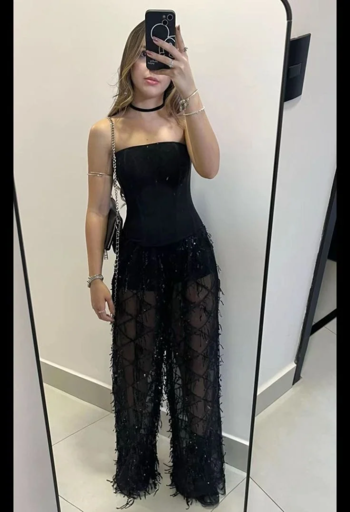 Black Strapless with Sheer Fringe Pants