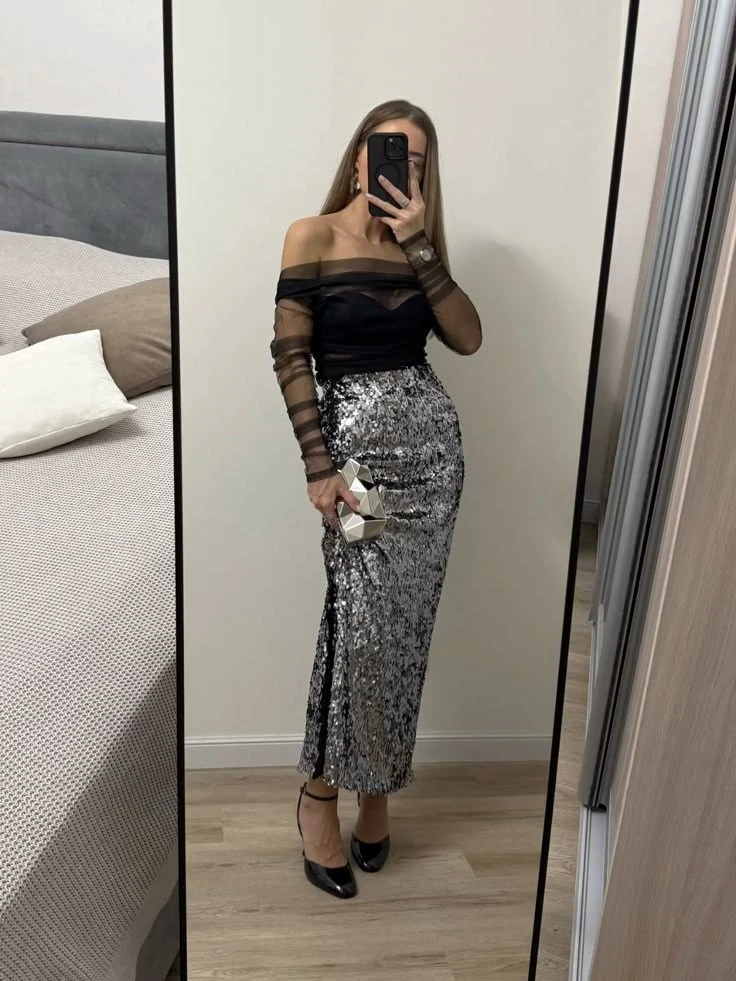 Sequin Skirt with Off-Shoulder Elegance