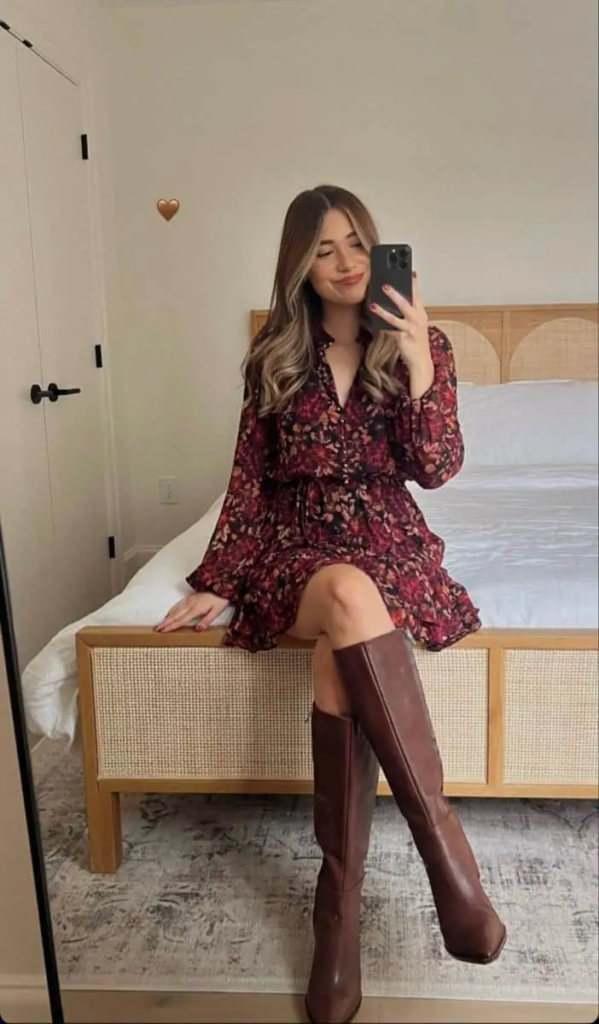 Floral Wrap Dress with Knee-High Boots