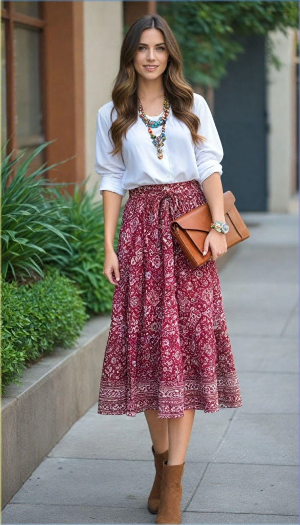 Bohemian Chic with Printed Midi Skirt