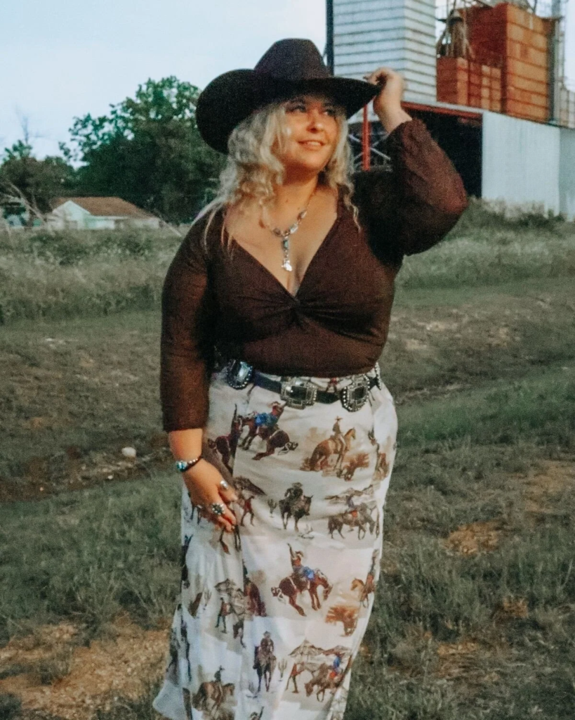 Brown Wrap Top with Western Print Skirt