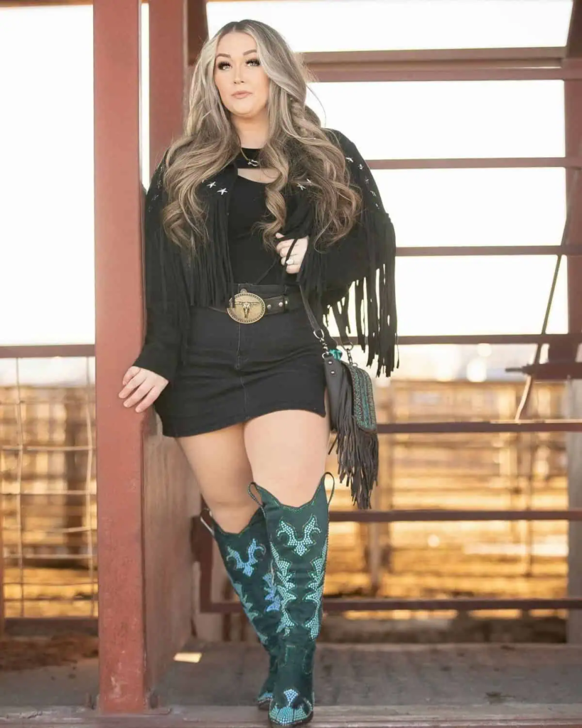 Fringed Jacket with Turquoise Boots