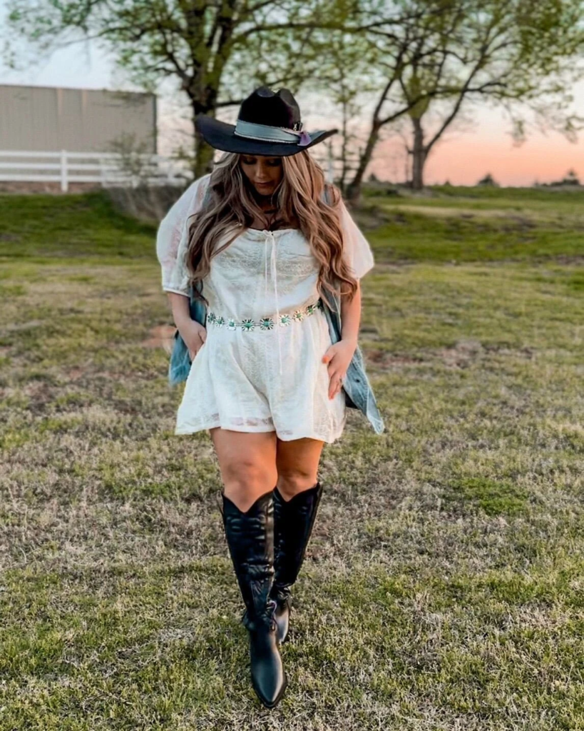 White Lace Dress with Denim and Boots