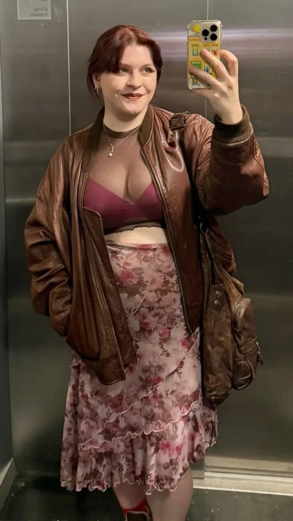 Leather Jacket with Floral Midi Skirt