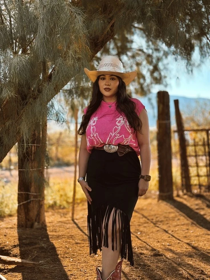 Hot Pink Embroidered Top with Fringe Skirt