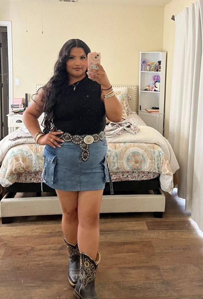 Black Top Denim Skirt Western Boots