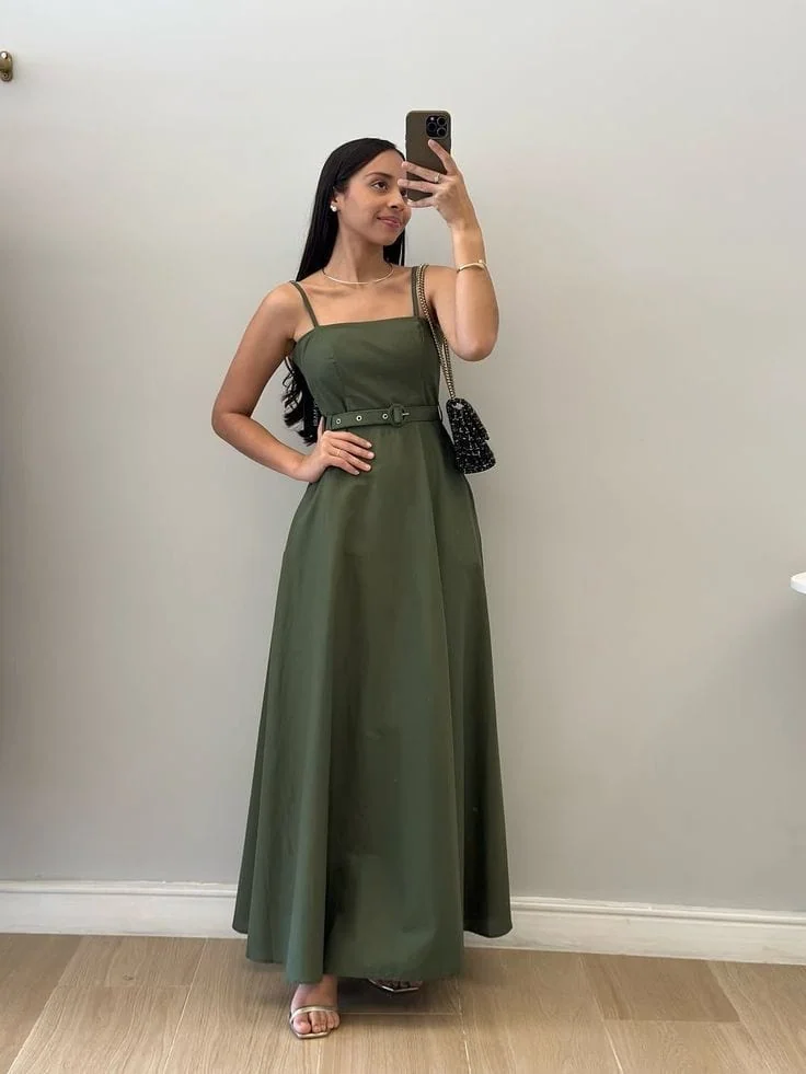 Olive Green Maxi Dress with Belt