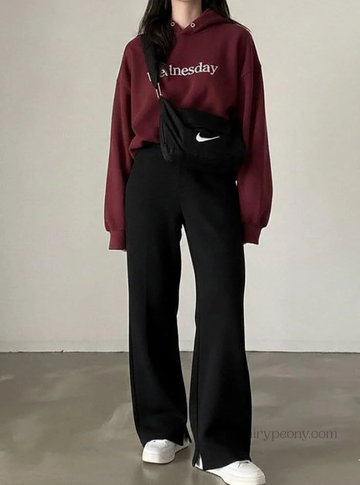 Burgundy Hoodie with Flared Trousers