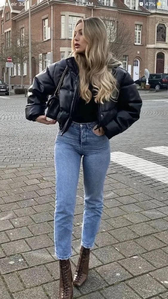 Black Puffer Jacket with Cropped Elegance