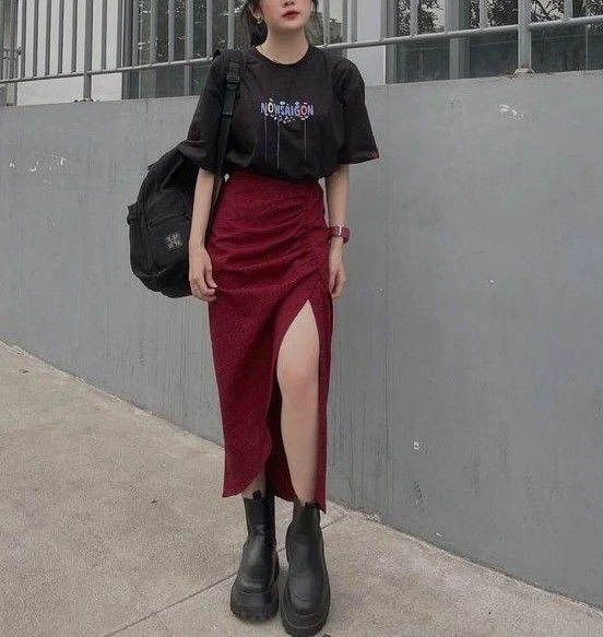 Graphic Tee and Velvet Slit Skirt