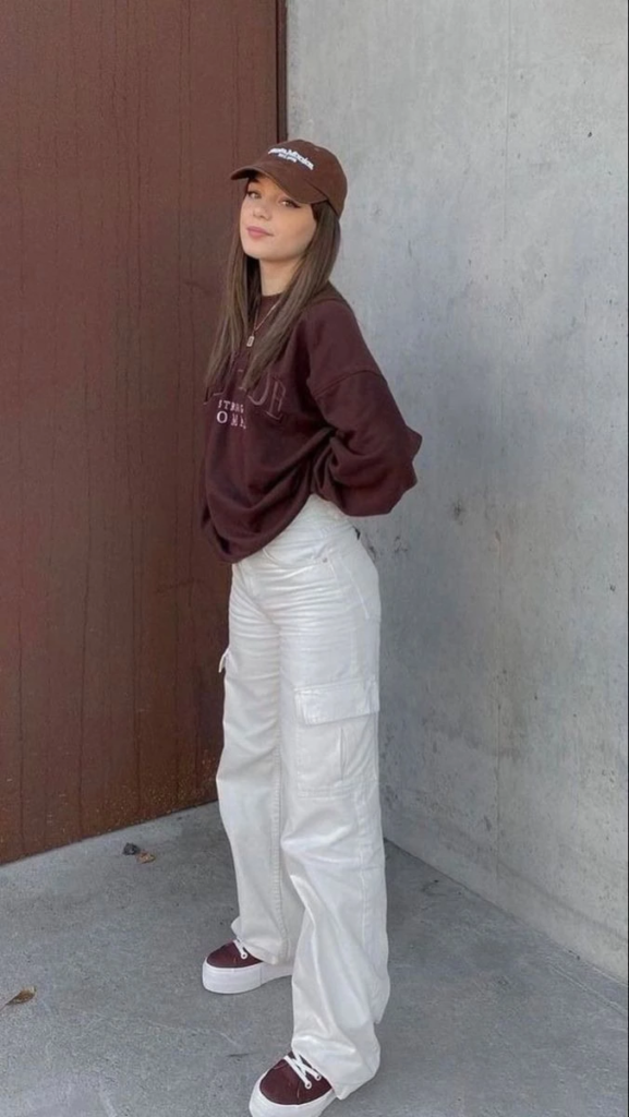 Burgundy Hoodie With Crisp White Cargo Pants
