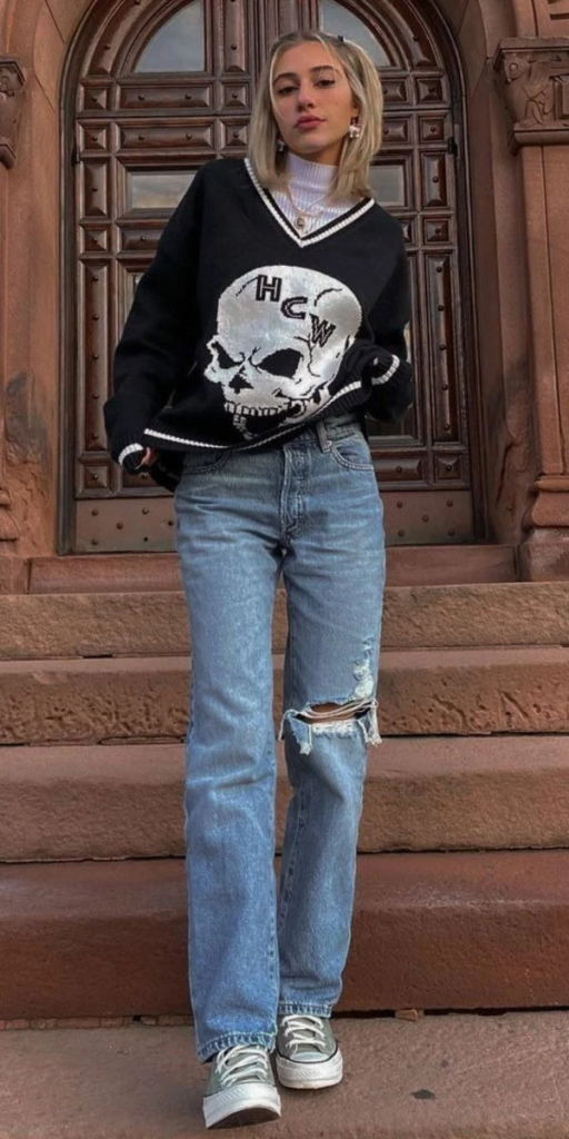 Skull Graphic Sweater With Distressed Denim