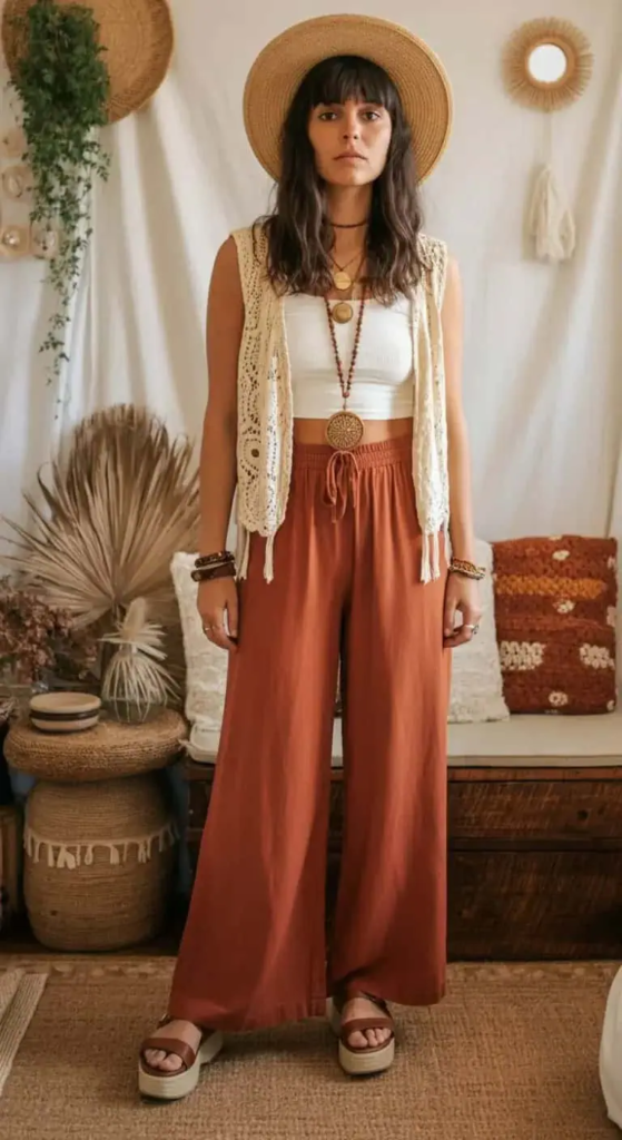 Crochet Vest and Wide-Leg Pants