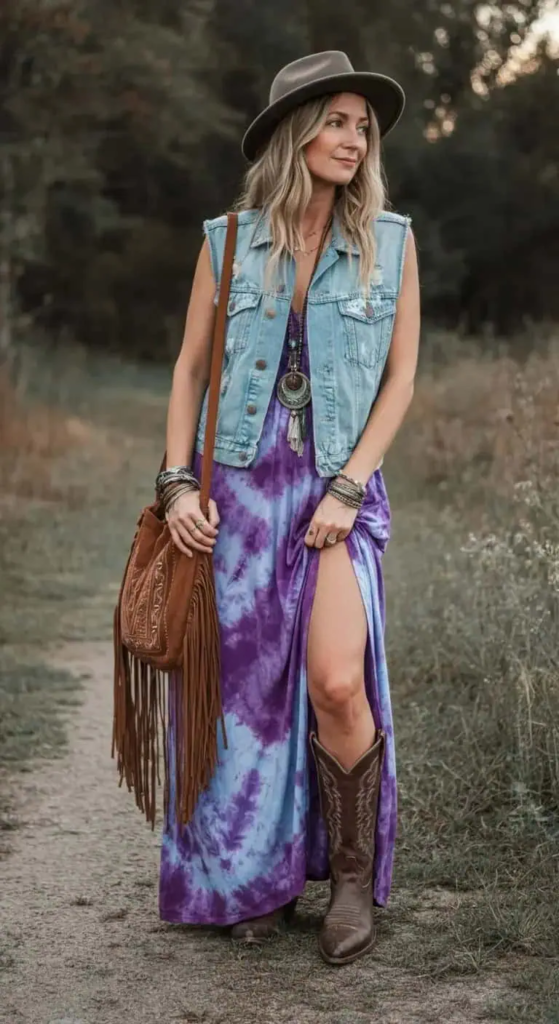 Tie-Dye Maxi Dress with Denim Vest