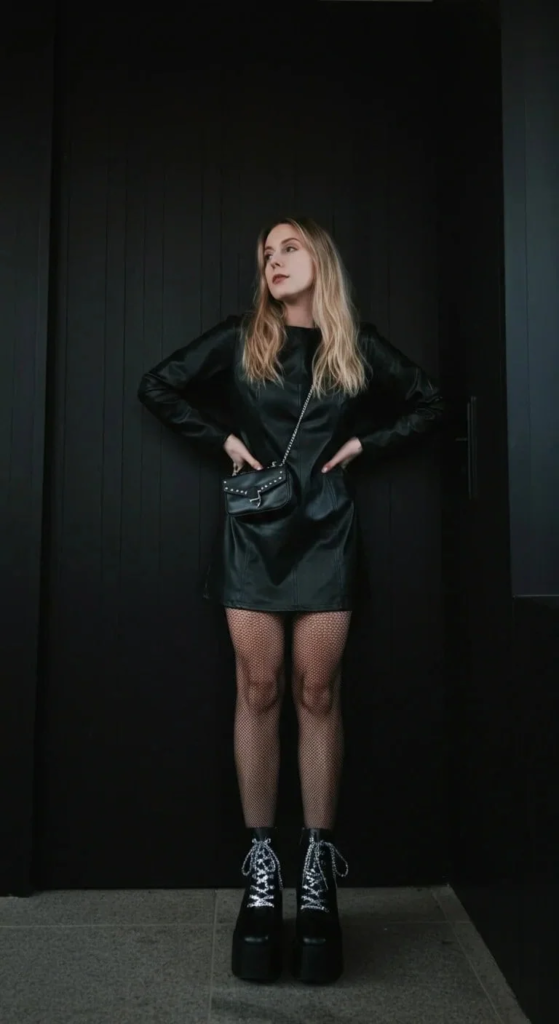 Leather Mini Dress with Fishnet Tights