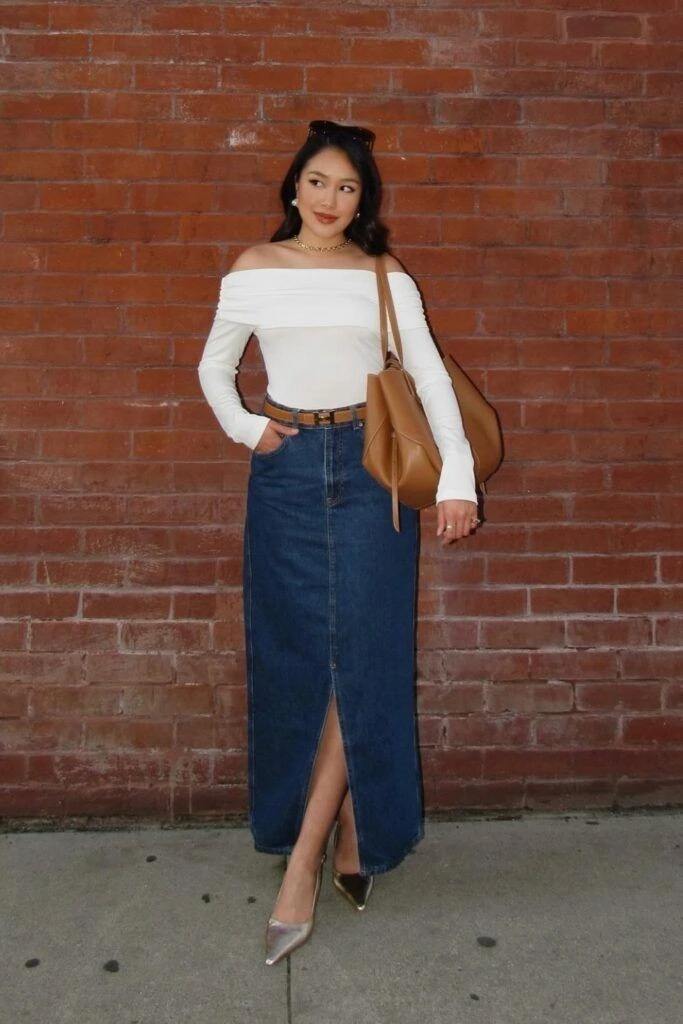 Elegant Off-Shoulder With Denim Midi