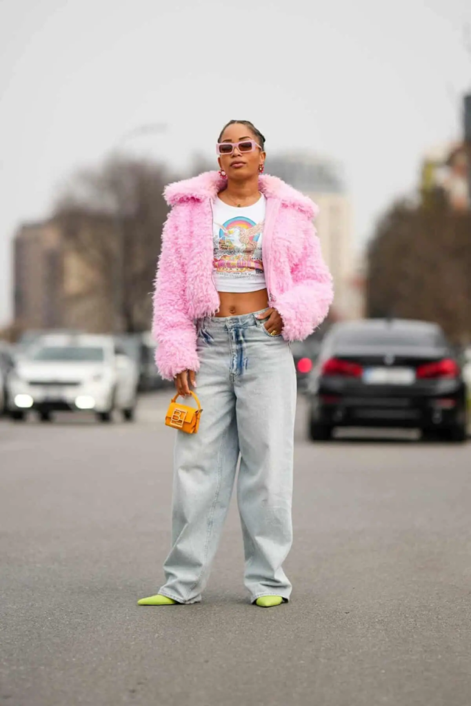 Pink Fuzzy Jacket and Baggy Jeans
