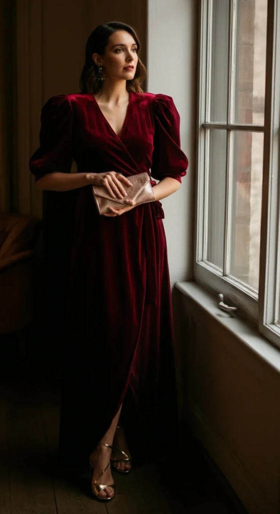 Velvet Wrap Dress with Statement Sleeves