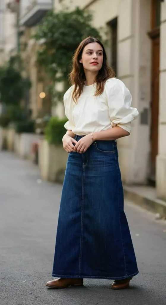 Denim Maxi with White Blouse