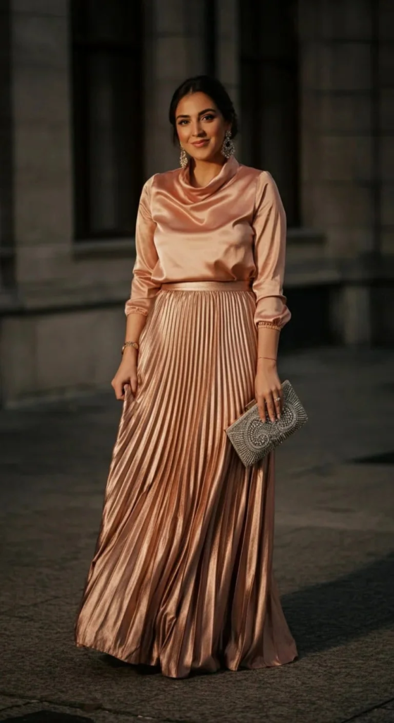 Metallic Pleated Maxi Skirt Set