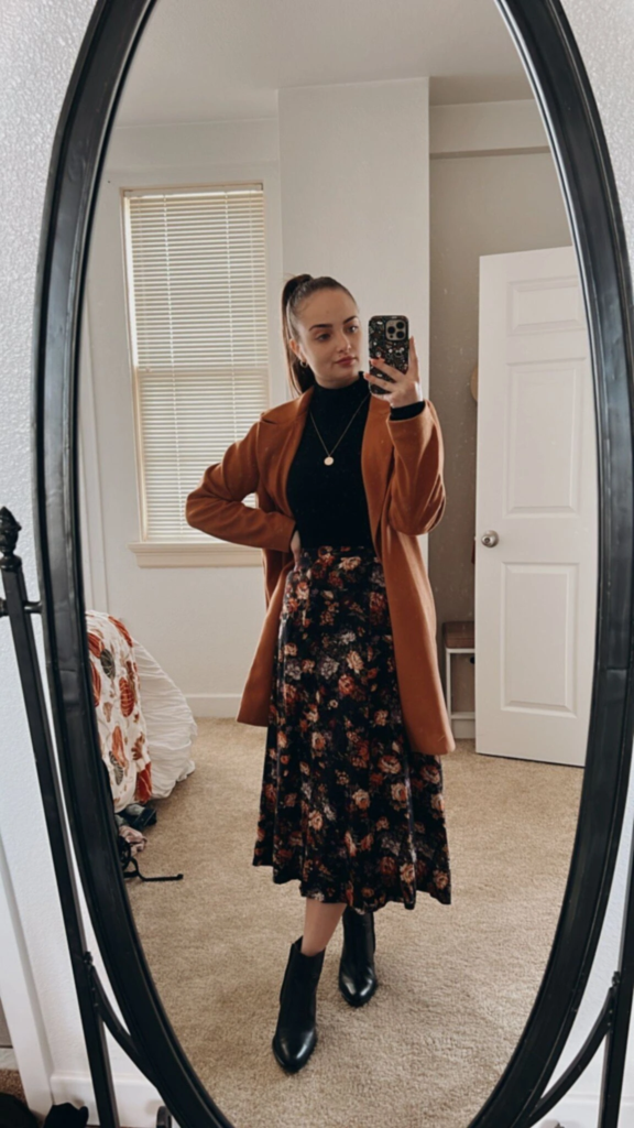 Rust Cardigan with Floral Midi Skirt