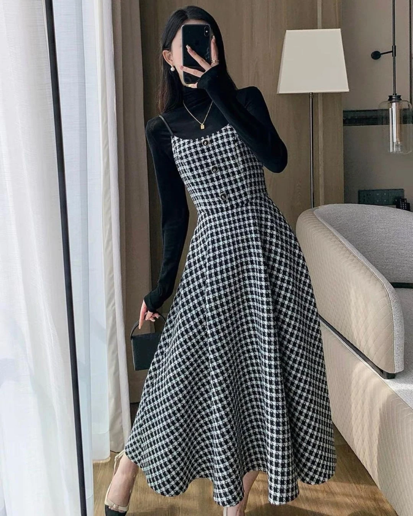 Classic Houndstooth Midi with Black Turtleneck