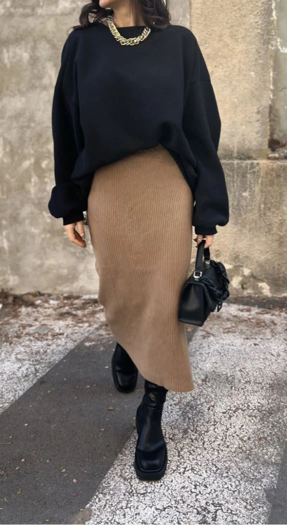 Black Sweater with Neutral Midi Skirt