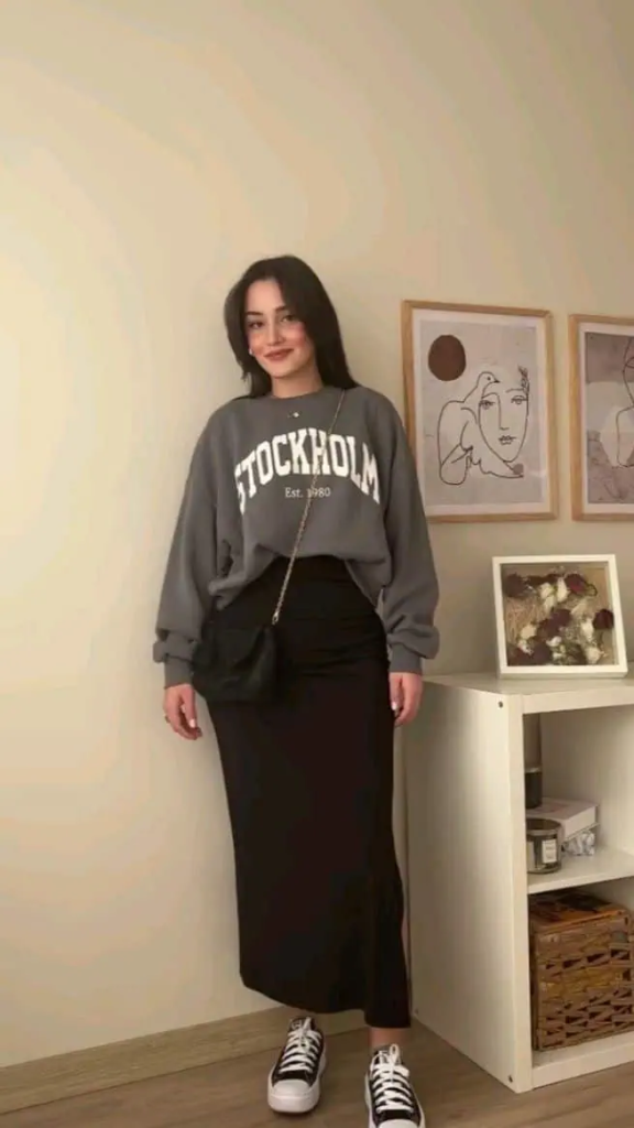 Graphic Sweatshirt with Black Midi Skirt