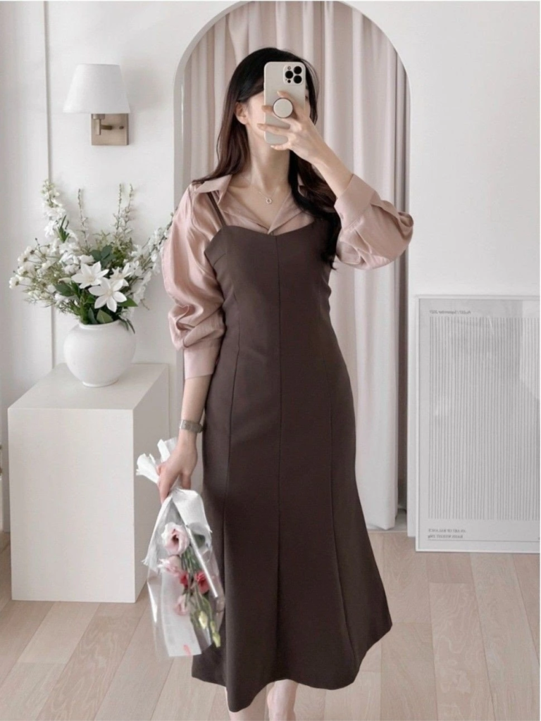 Chocolate Dress with Blush Blouse
